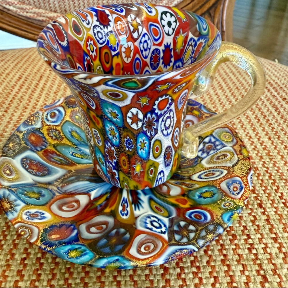Murano Millefiori Blown Glass Tea Cup/Saucer-Set of Two - Picture 3 of 6